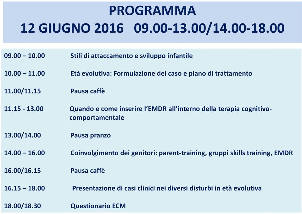 00 Quando e come inserire l EMDR all interno della terapia cognitivo- comportamentale 13.00/14.00 Pausa pranzo 14.00 16.