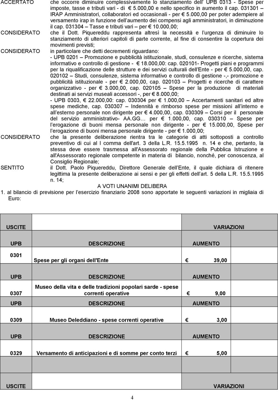 000,00 per poter adempiere al versamento irap in funzione dell aumento dei compensi agli amministratori, in diminuzione il cap. 031304 Tasse e tributi vari per 10.000,00; che il Dott.