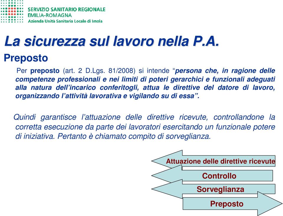 dell incarico conferitogli, attua le direttive del datore di lavoro, organizzando l attività lavorativa e vigilando su di essa.