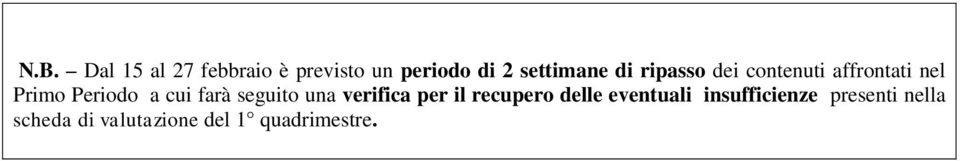 Periodo a cui farà seguito una verifica per il recupero delle