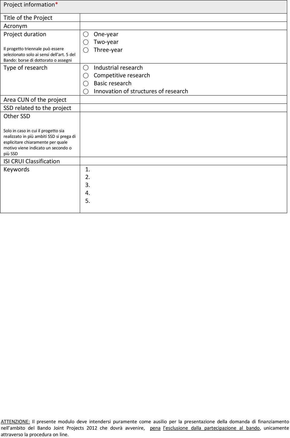 Innovation of structures of research Area CUN of the project SSD related to the project Other SSD Solo in caso in cui il progetto sia realizzato