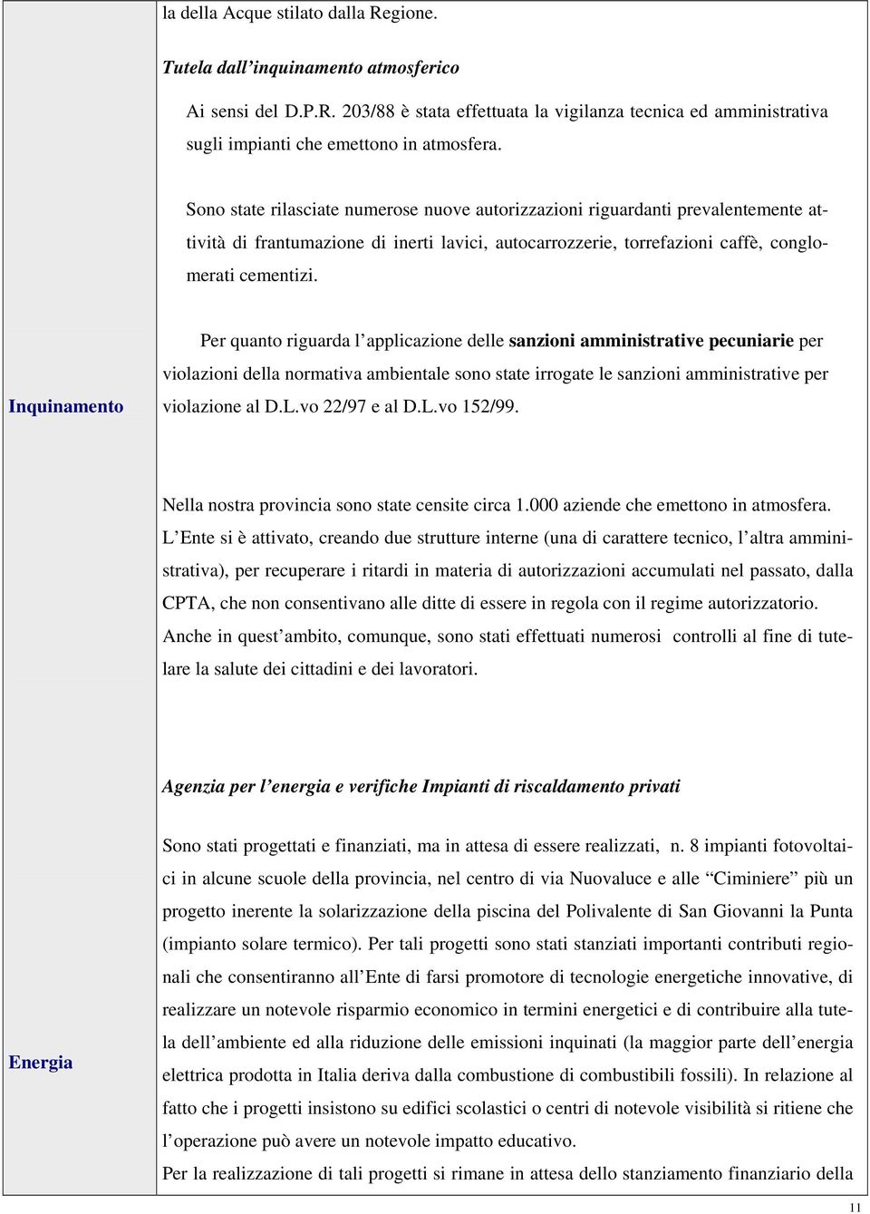 Inquinamento Per quanto riguarda l applicazione delle sanzioni amministrative pecuniarie per violazioni della normativa ambientale sono state irrogate le sanzioni amministrative per violazione al D.L.