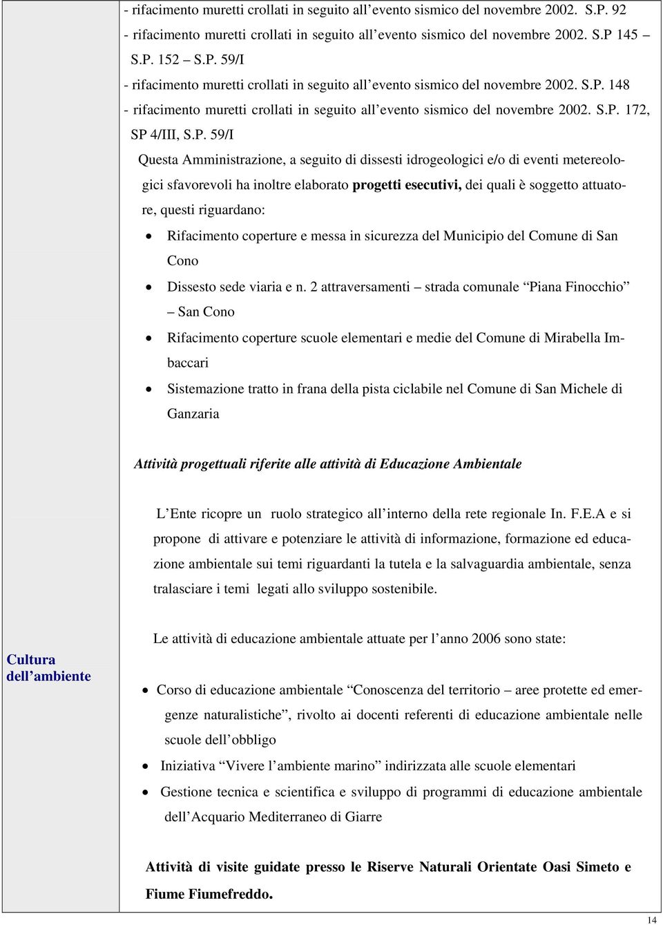 metereologici sfavorevoli ha inoltre elaborato progetti esecutivi, dei quali è soggetto attuatore, questi riguardano: Rifacimento coperture e messa in sicurezza del Municipio del Comune di San Cono