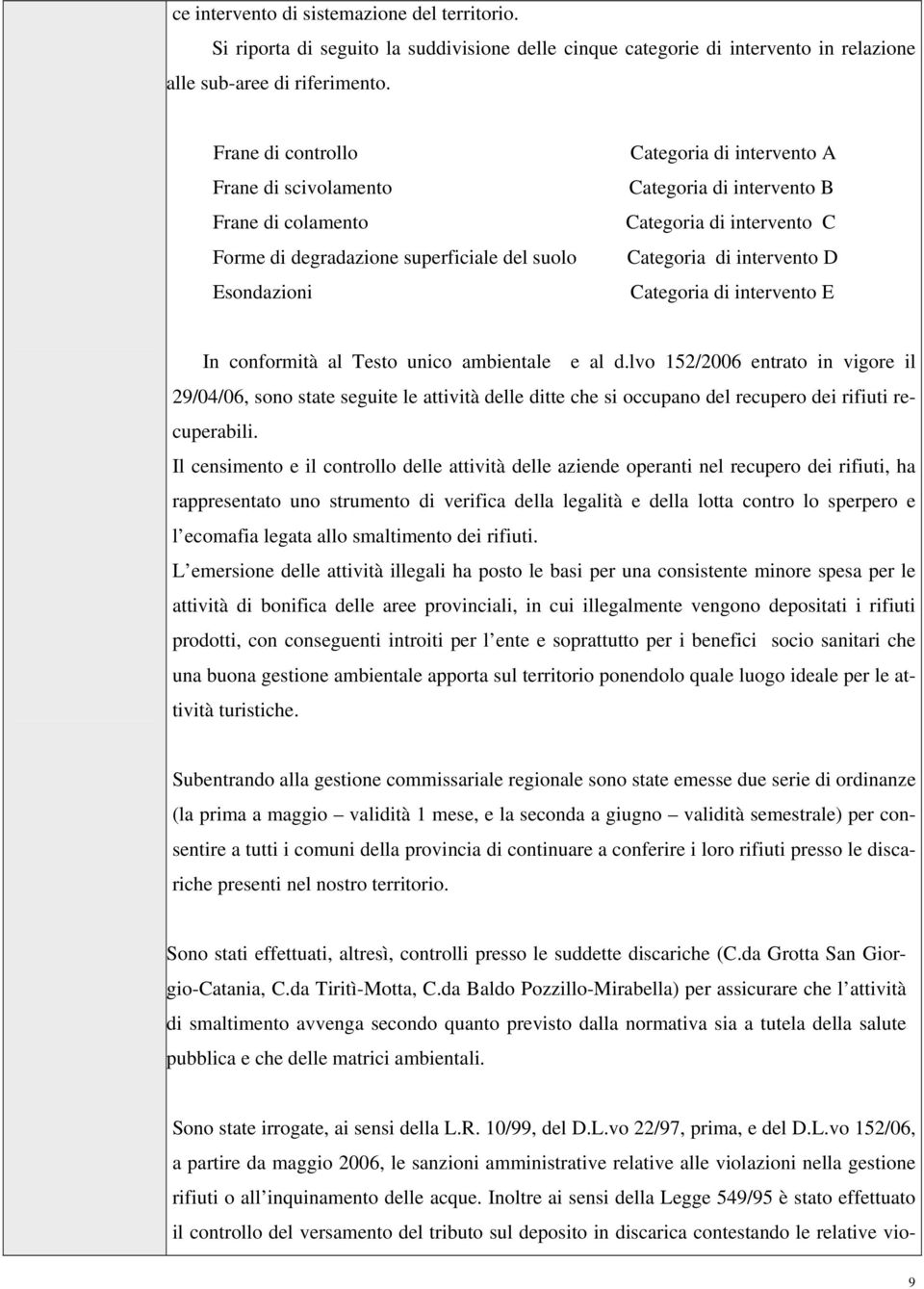 Categoria di intervento D Categoria di intervento E In conformità al Testo unico ambientale e al d.