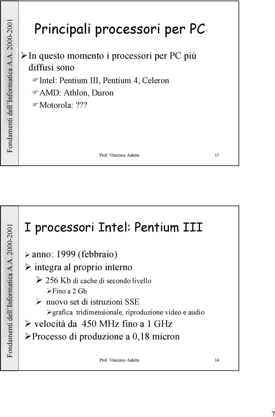 Vincenzo Auletta 13 I processori Intel: Pentium III anno: 1999 (febbraio) integra al proprio interno 256 Kb di cache di