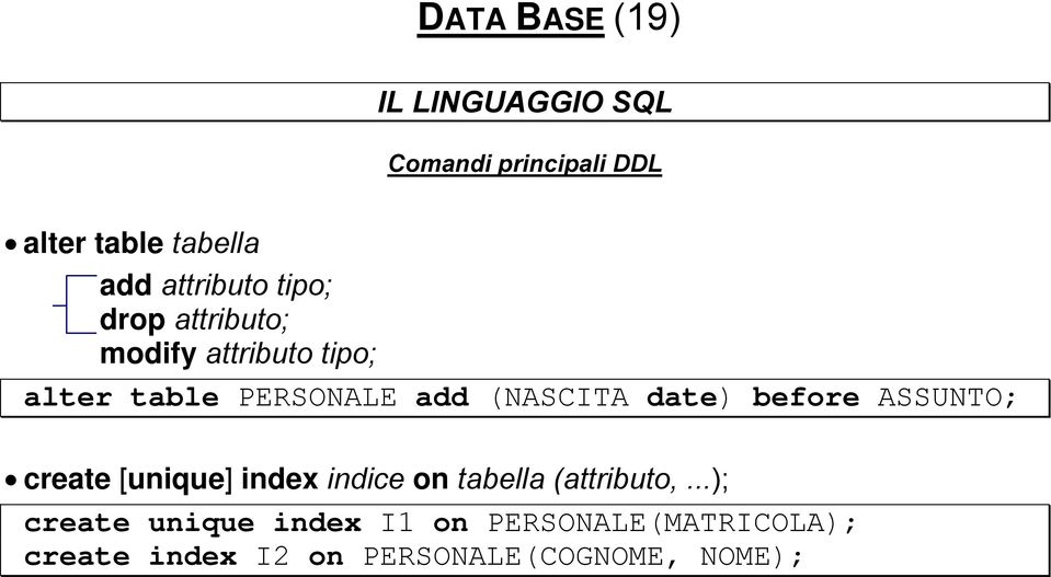 (NASCITA date) before ASSUNTO; create [unique] index indice on tabella (attributo,.