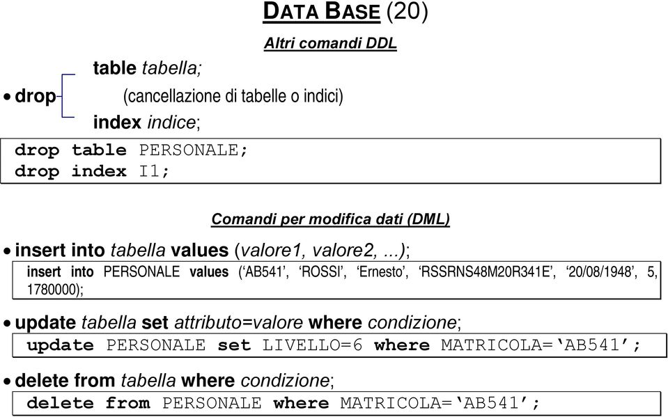 ..); insert into PERSONALE values ( AB541, ROSSI, Ernesto, RSSRNS48M20R341E, 20/08/1948, 5, 1780000); update tabella set