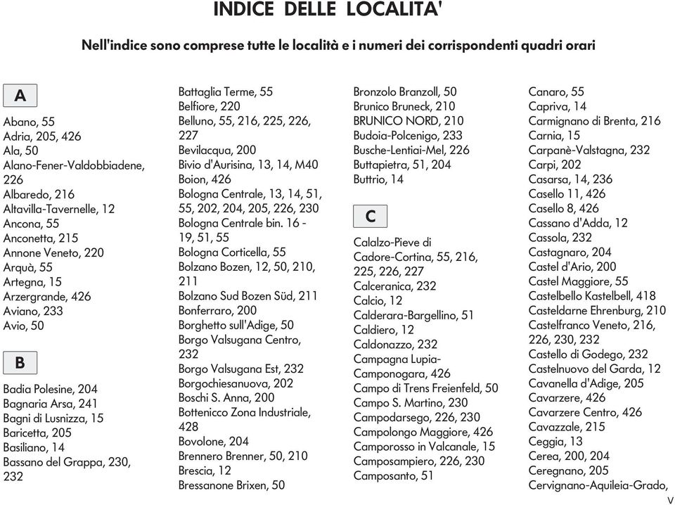 7 Bevilcqu, Bivi d'aurisin, 3, 4, M4 Bin, 46 Blgn Centrle, 3, 4, 5, 55,, 4, 5, 6, 3 Blgn Centrle bin 6-9, 5, 55 Blgn Crticell, 55 Blzn Bzen,, 5,, Blzn Sud Bzen Süd, Bnferrr, Brghett sull'adige, 5 Brg