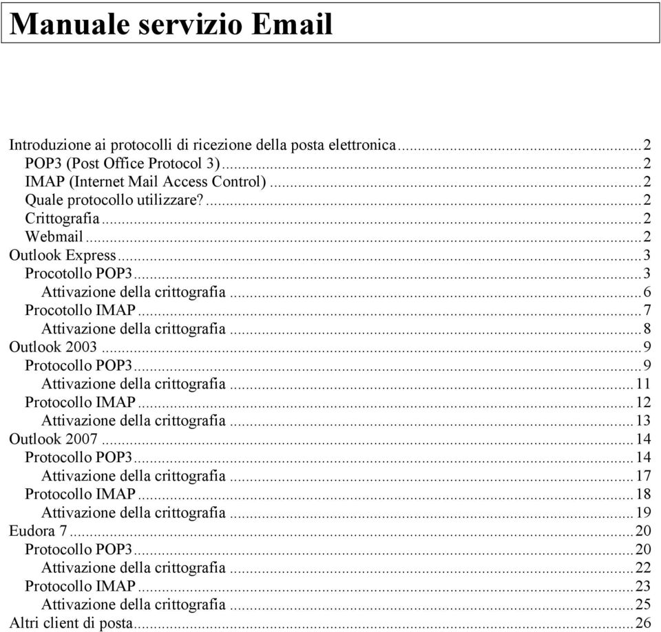 .. 9 Protocollo POP3... 9 Attivazione della crittografia... 11 Protocollo IMAP... 12 Attivazione della crittografia... 13 Outlook 2007... 14 Protocollo POP3... 14 Attivazione della crittografia.