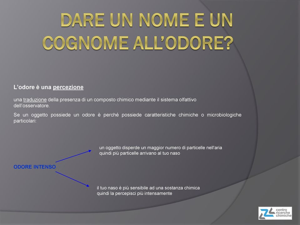 Se un oggetto possiede un odore è perché possiede caratteristiche chimiche o microbiologiche particolari: un