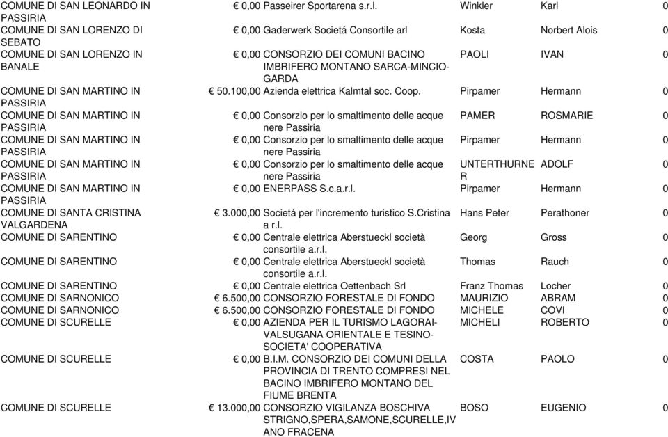 Winkler Karl 0 0,00 Gaderwerk Societá Consortile arl Kosta Norbert Alois 0 0,00 CONSORZIO DEI COMUNI BACINO IMBRIFERO MONTANO SARCA-MINCIO- GARDA PAOLI IVAN 0 50.100,00 Azienda elettrica Kalmtal soc.