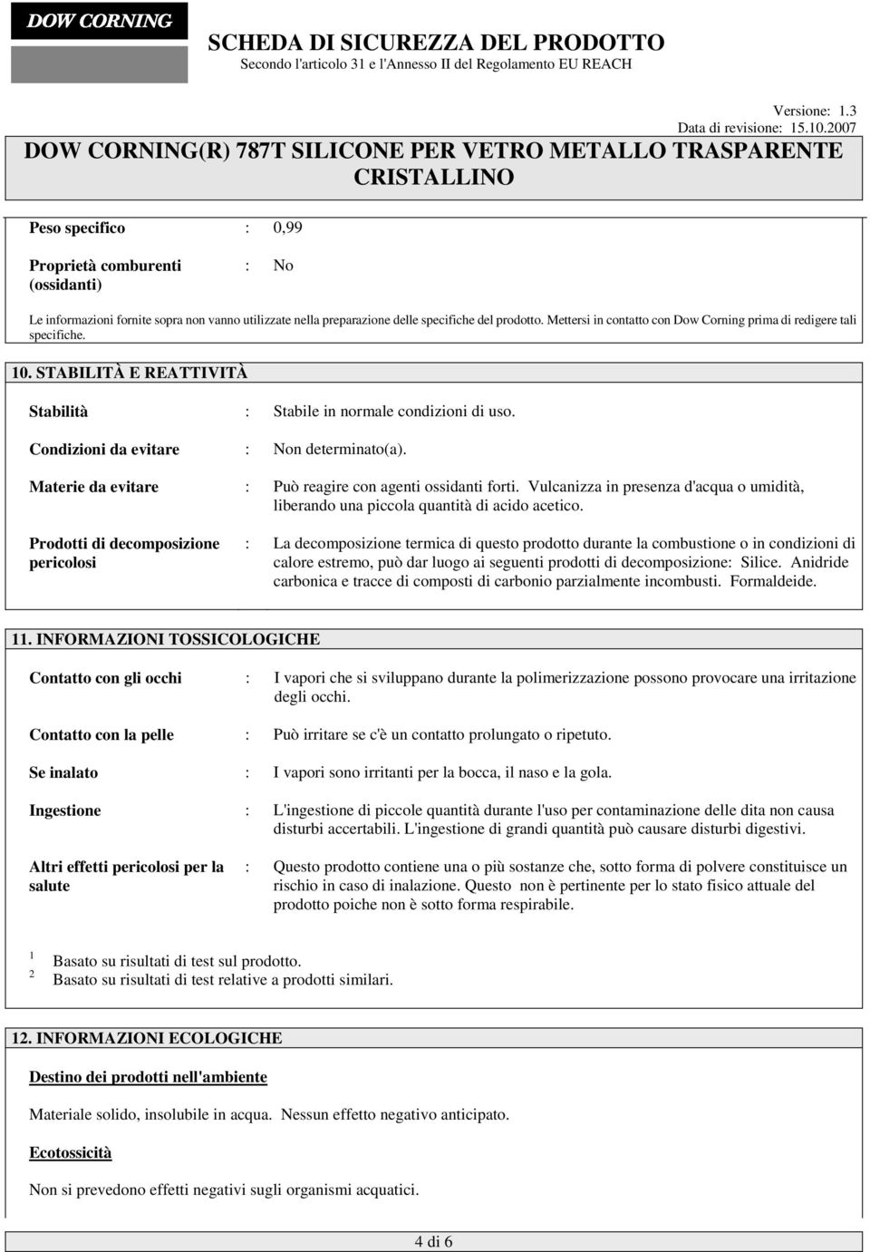 Materie da evitare : Può reagire con agenti ossidanti forti. Vulcanizza in presenza d'acqua o umidità, liberando una piccola quantità di acido acetico.