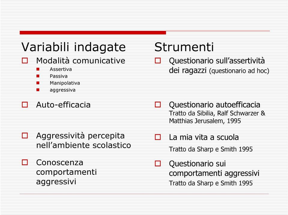 ragazzi (questionario ad hoc) Questionario autoefficacia Tratto da Sibilia, Ralf Schwarzer & Matthias Jerusalem,