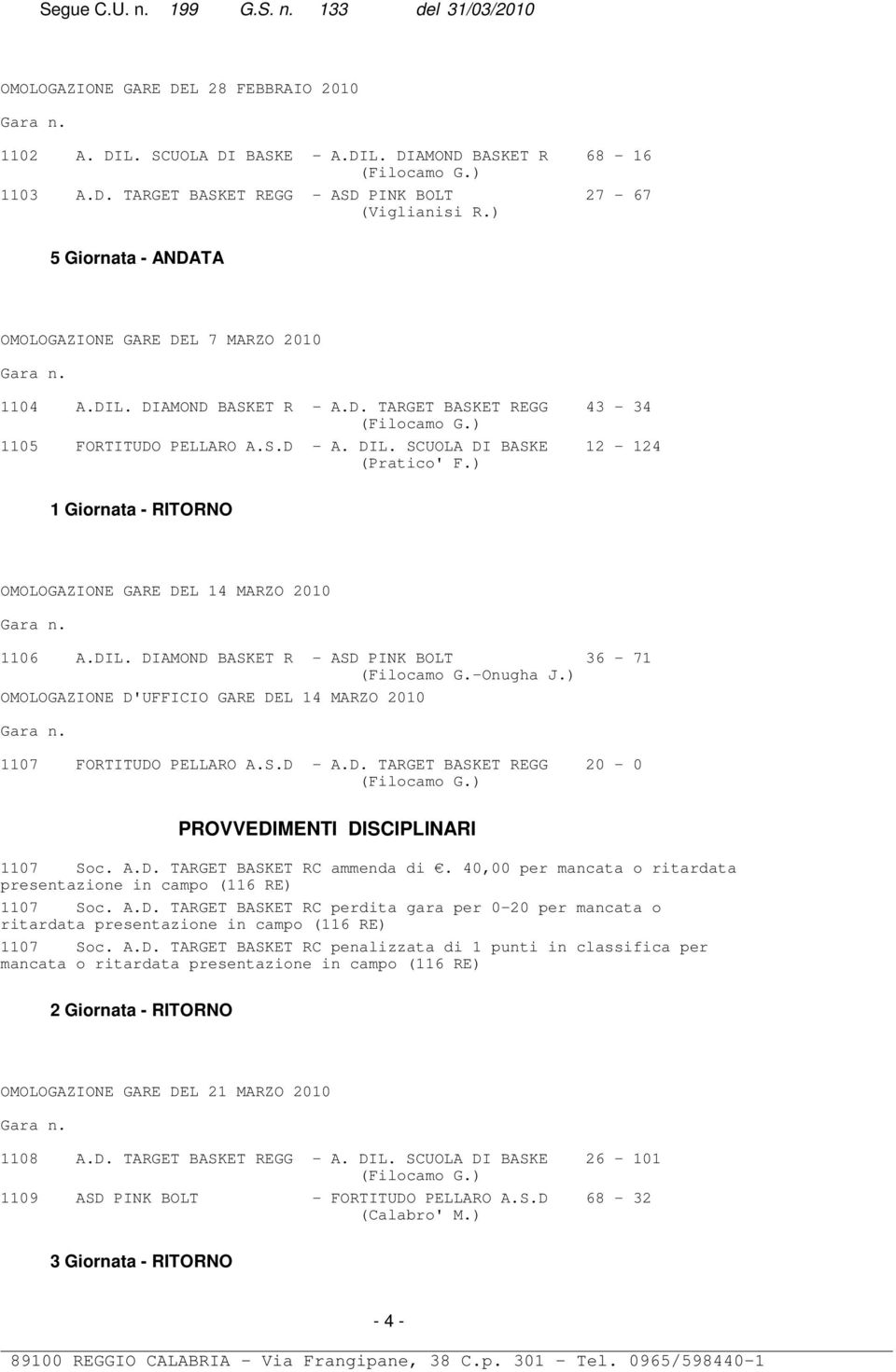 ) OMOLOGAZIONE D'UFFICIO GARE DEL 14 MARZO 2010 1107 FORTITUDO PELLARO A.S.D - A.D. TARGET BASKET REGG 20-0 1107 Soc. A.D. TARGET BASKET RC ammenda di. 40,00 per mancata o ritardata 1107 Soc. A.D. TARGET BASKET RC perdita gara per 0-20 per mancata o ritardata 1107 Soc.