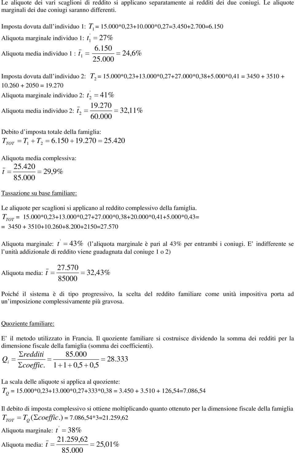 000*0,38+5.000*0,41 = 3450 + 3510 + 10.260 + 2050 = 19.270 Aliquota marginale individuo 2: t ' 2 41% 19.270 Aliquota media individuo 2: t 2 32,11% 60.000 Debito d imposta totale della famiglia: T T 6.