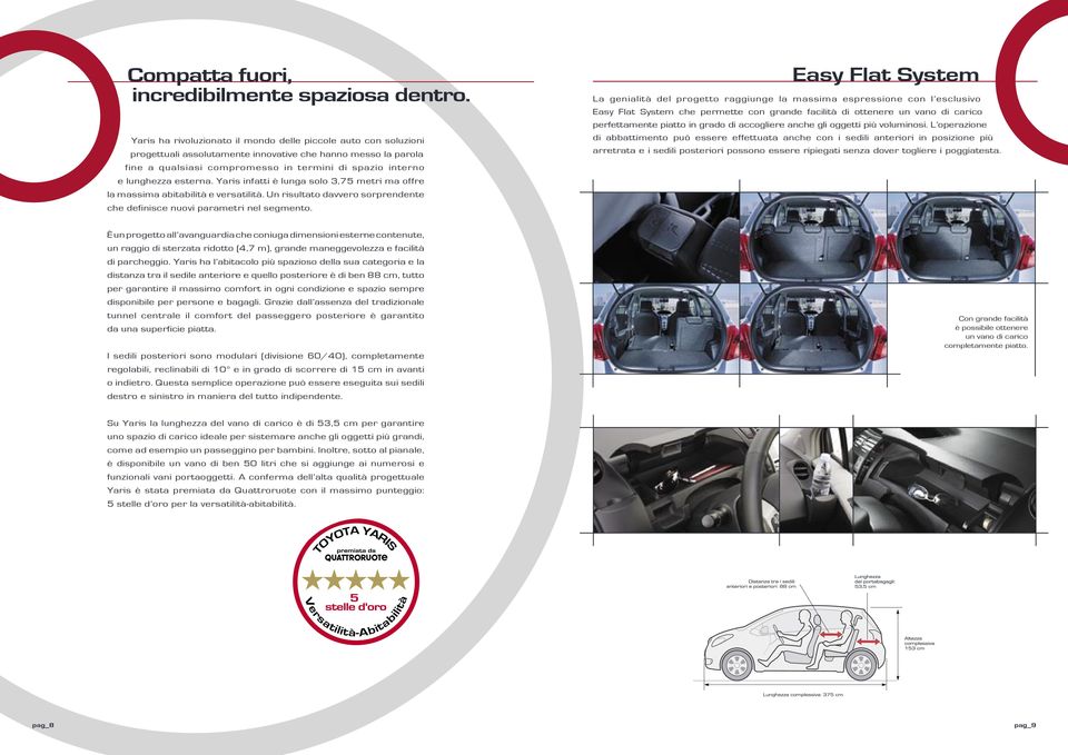 esterna. Yaris infatti è lunga solo 3,75 metri ma offre la massima abitabilità e versatilità. Un risultato davvero sorprendente che definisce nuovi parametri nel segmento.