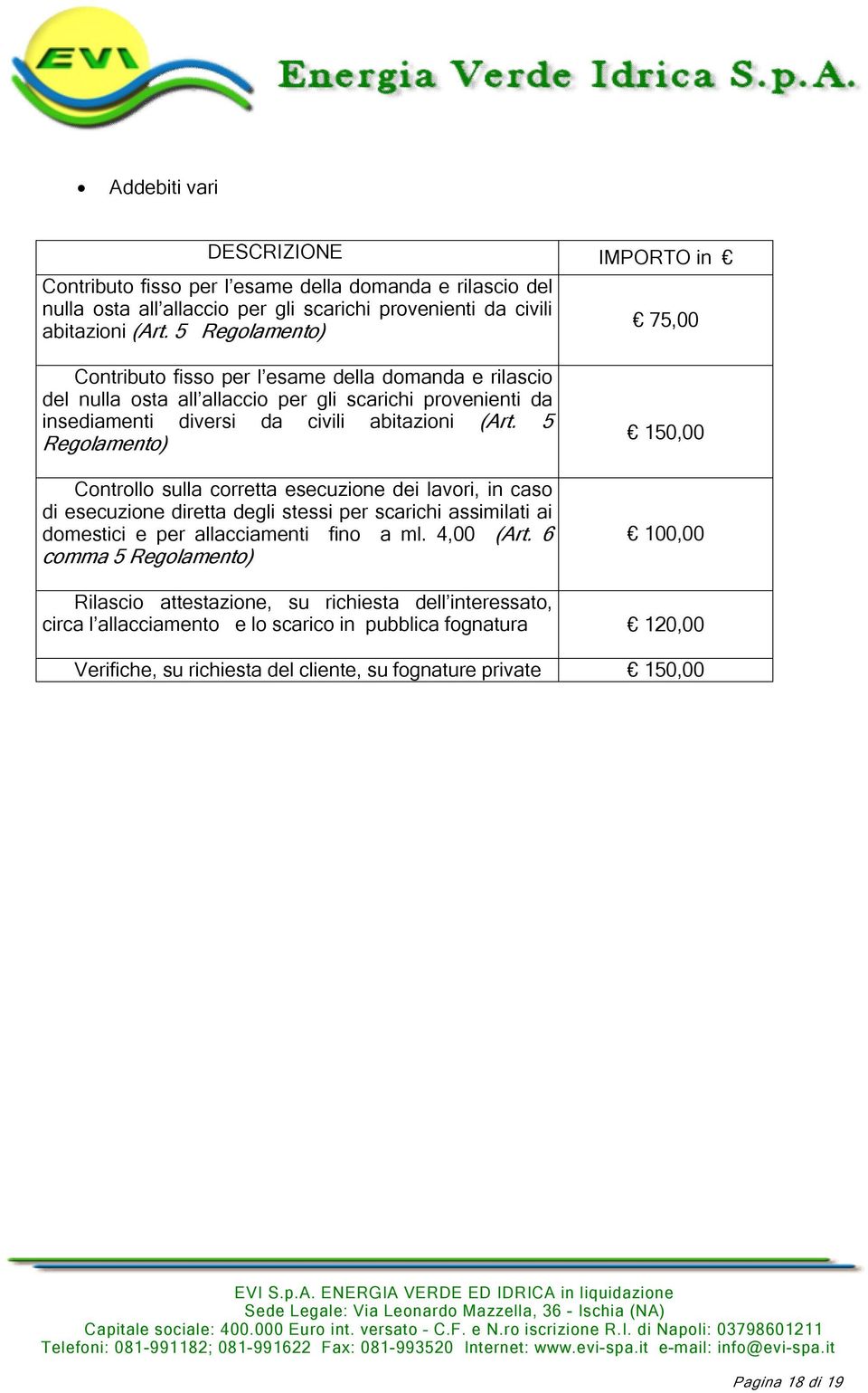 5 Regolamento) Controllo sulla corretta esecuzione dei lavori, in caso di esecuzione diretta degli stessi per scarichi assimilati ai domestici e per allacciamenti fino a ml. 4,00 (Art.