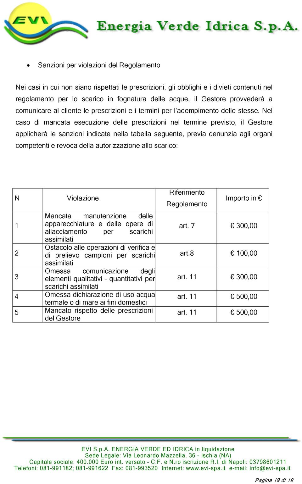 Nel caso di mancata esecuzione delle prescrizioni nel termine previsto, il Gestore applicherà le sanzioni indicate nella tabella seguente, previa denunzia agli organi competenti e revoca della