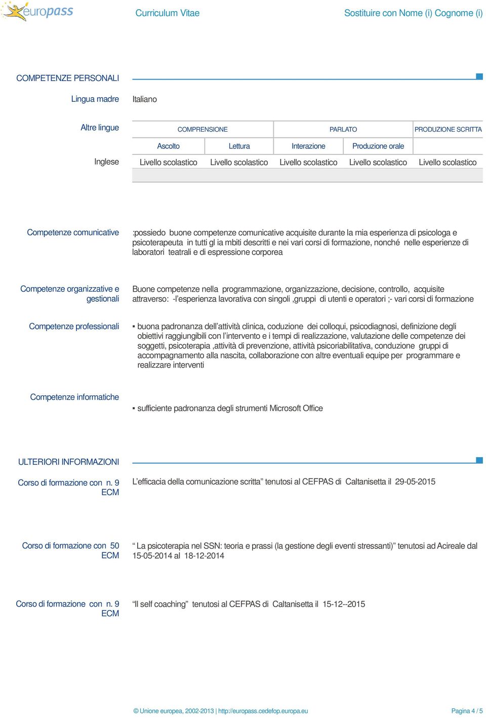 descritti e nei vari corsi di formazione, nonché nelle esperienze di laboratori teatrali e di espressione corporea Competenze organizzative e gestionali Buone competenze nella programmazione,