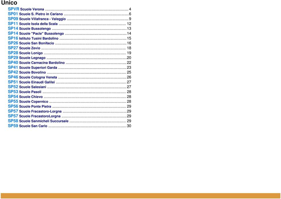 ..20 SP40 Scuole Carnacina Bardolino...22 SP41 Scuole Superiori Garda...23 SP42 Scuole Bovolino... 25 SP46 Scuole Cologna Veneta...26 SP51 Scuole Einaudi Galilei... 27 SP52 Scuole Salesiani.