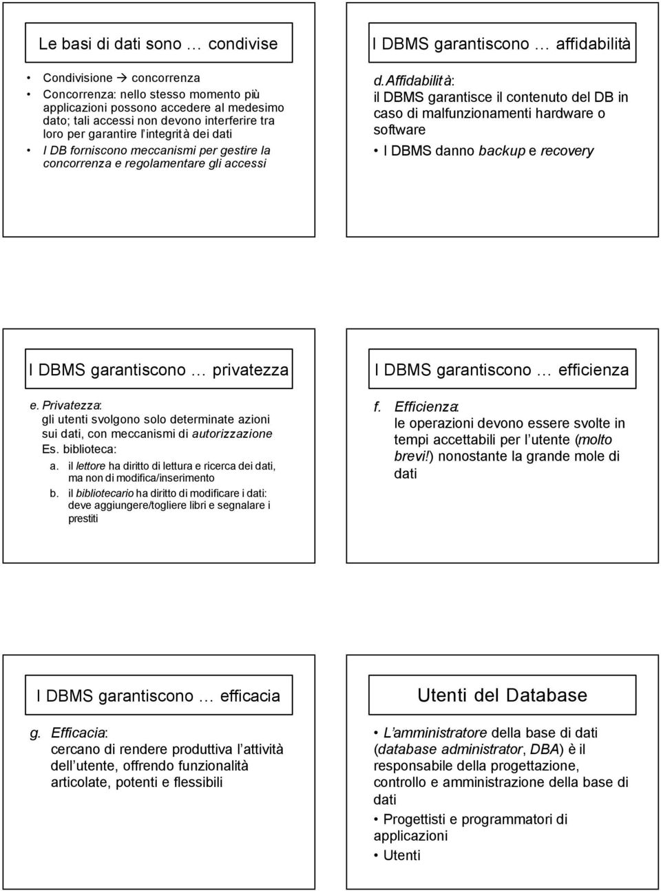 affidabilità: il DBMS garantisce il contenuto del DB in caso di malfunzionamenti hardware o software I DBMS danno backup e recovery I DBMS garantiscono privatezza e.