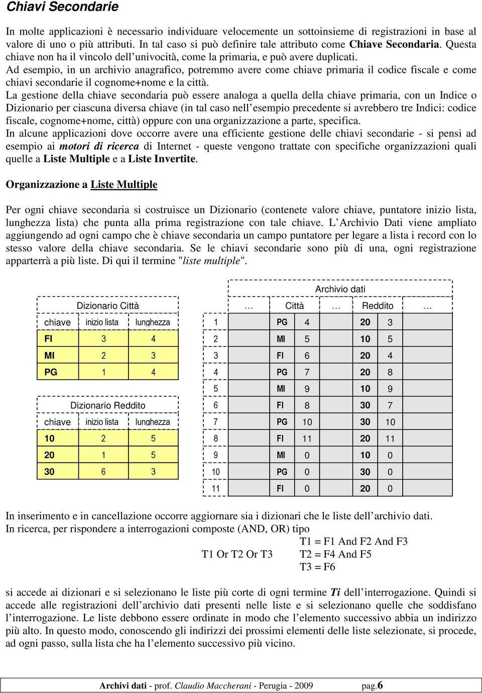 Ad esempio, in un archivio anagrafico, potremmo avere come chiave primaria il codice fiscale e come chiavi secondarie il cognome+nome e la città.