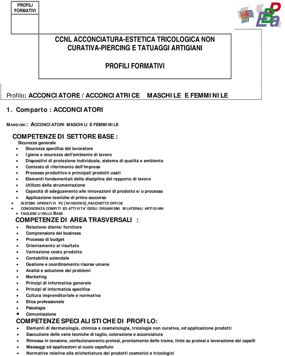 SPECIALISTICHE DI PROFILO: Elementi di dermatologia, chimica e cosmetologia, tricologia non curativa, ed applicazione prodotti Esecuzione delle vane tecniche di taglio, colorazione e acconciatura