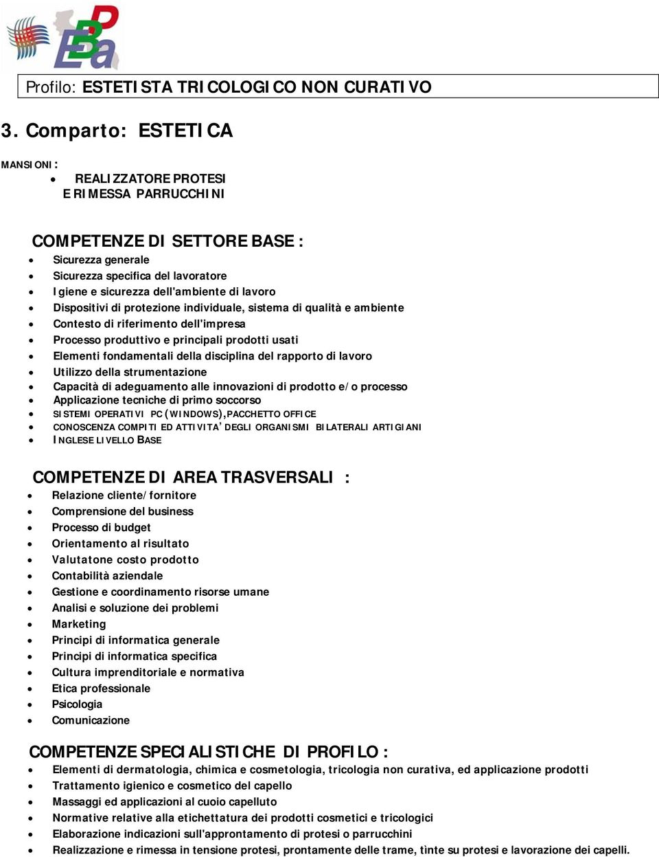 SPECIALISTICHE DI PROFILO : Elementi di dermatologia, chimica e cosmetologia, tricologia non curativa, ed applicazione prodotti Trattamento igienico e cosmetico del capello