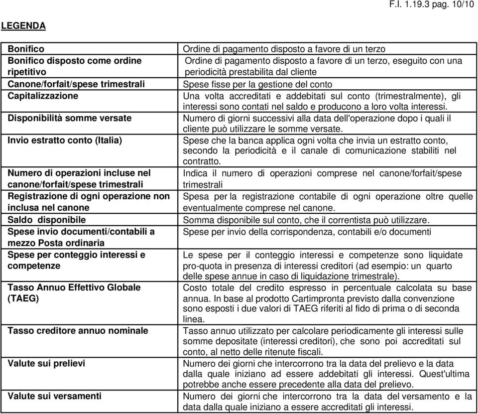 incluse nel canone/forfait/spese trimestrali Registrazione di ogni operazione non inclusa nel canone Saldo disponibile Spese invio documenti/contabili a mezzo Posta ordinaria Spese per conteggio