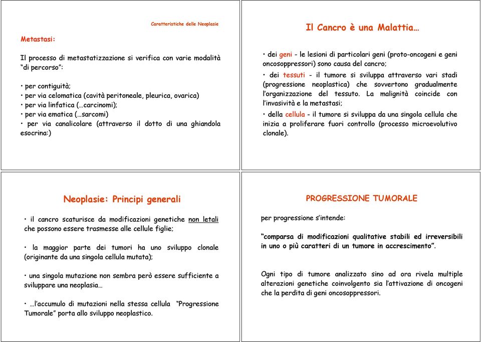 geni (proto-oncogeni e geni oncosoppressori) sono causa del cancro; dei tessuti - il tumore si sviluppa attraverso vari stadi (progressione neoplastica) che sovvertono gradualmente l organizzazione