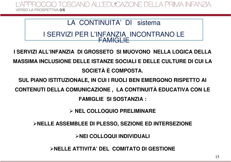 SUL PIANO ISTITUZIONALE, IN CUI I RUOLI BEN EMERGONO RISPETTO AI CONTENUTI DELLA COMUNICAZIONE, LA CONTINUITÀ EDUCATIVA CON LE