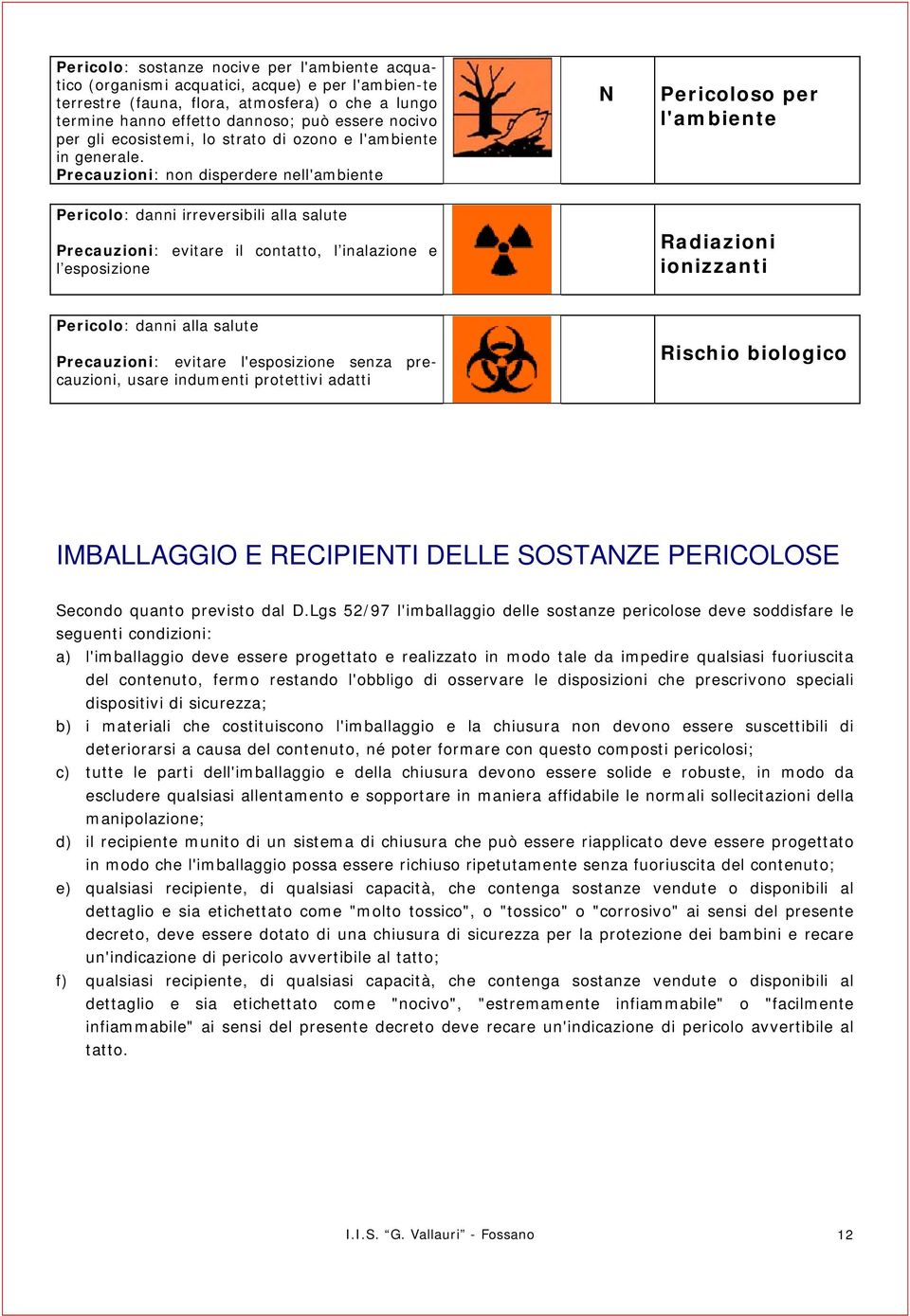 Precauzioni: non disperdere nell'ambiente N Pericoloso per l'ambiente Pericolo: danni irreversibili alla salute Precauzioni: evitare il contatto, l inalazione e l esposizione Radiazioni ionizzanti