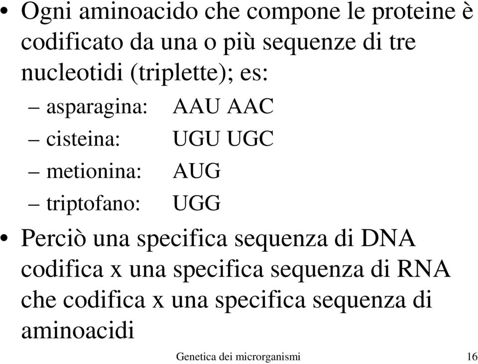 triptofano: UGG Perciò una specifica sequenza di DNA codifica x una specifica