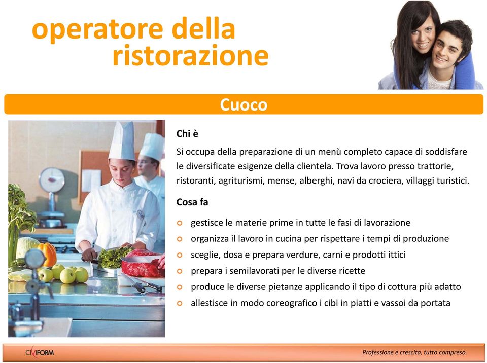 Cosa fa gestisce le materie prime in tutte le fasi di lavorazione organizza il lavoro in cucina per rispettare i tempi di produzione sceglie, dosa e prepara