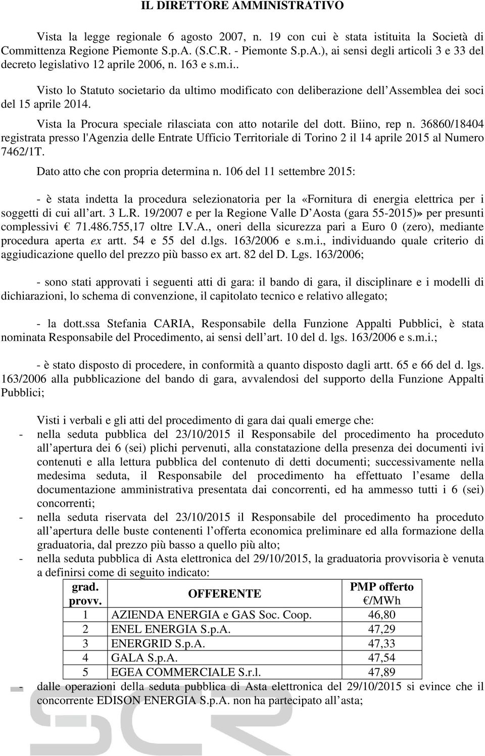 Biino, rep n. 36860/18404 registrata presso l'agenzia delle Entrate Ufficio Territoriale di Torino 2 il 14 aprile 2015 al Numero 7462/1T. Dato atto che con propria determina n.