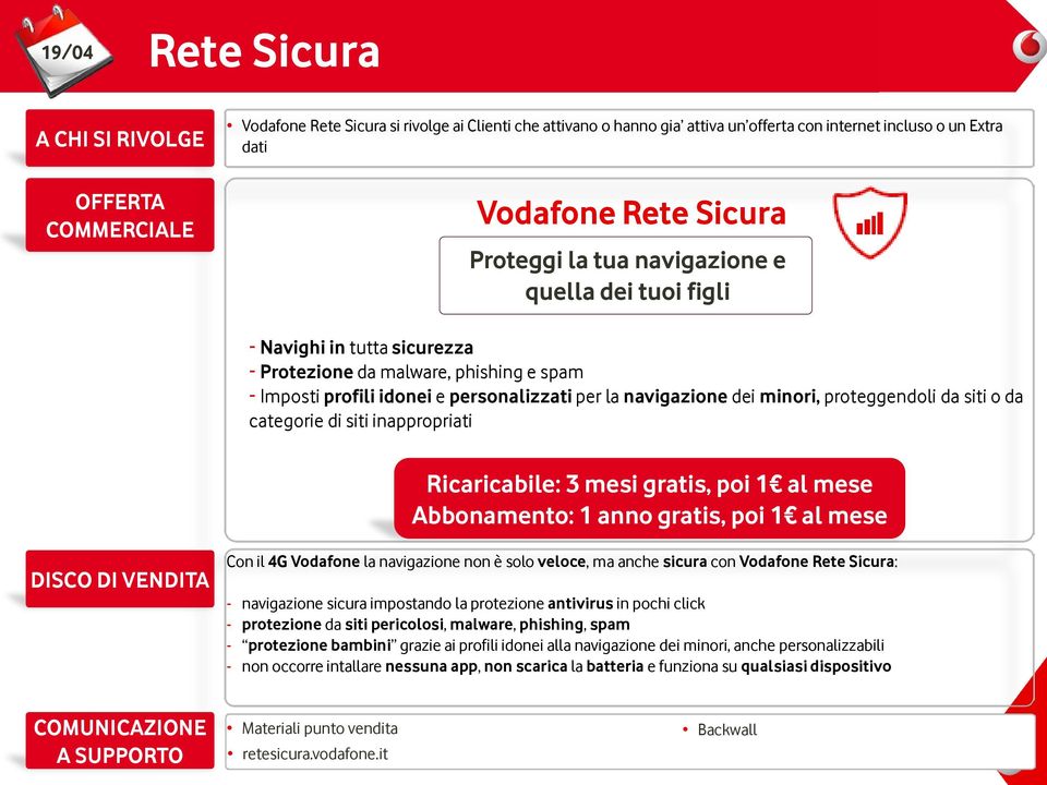 navigazione dei minori, proteggendoli da siti o da categorie di siti inappropriati Ricaricabile: 3 mesi gratis, poi 1 al mese Abbonamento: 1 anno gratis, poi 1 al mese DISCO DI VENDITA Con il 4G