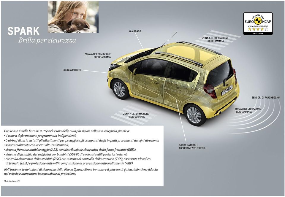 per proteggere gli occupanti dagli impatti provenienti da ogni direzione; scocca realizzata con acciai alto-resistenziali; sistema frenante antibloccaggio (ABS) con distribuzione elettronica della