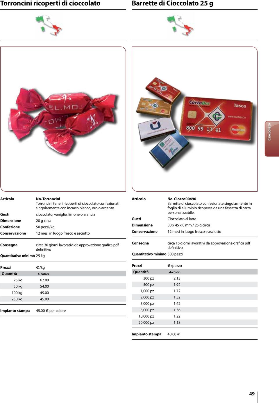 Ciocco00490 Barrette di cioccolato confezionate singolarmente in foglio di alluminio ricoperte da una fascetta di carta personalizzabile.