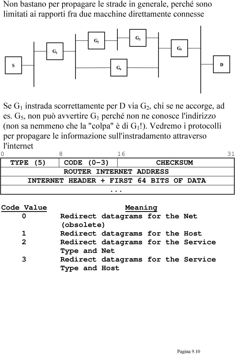 Vedremo i protocolli per propagare le informazione sull'instradamento attraverso l'internet 0 8 16 31 TYPE (5) CODE (0-3) CHECKSUM ROUTER INTERNET ADDRESS INTERNET HEADER + FIRST 64