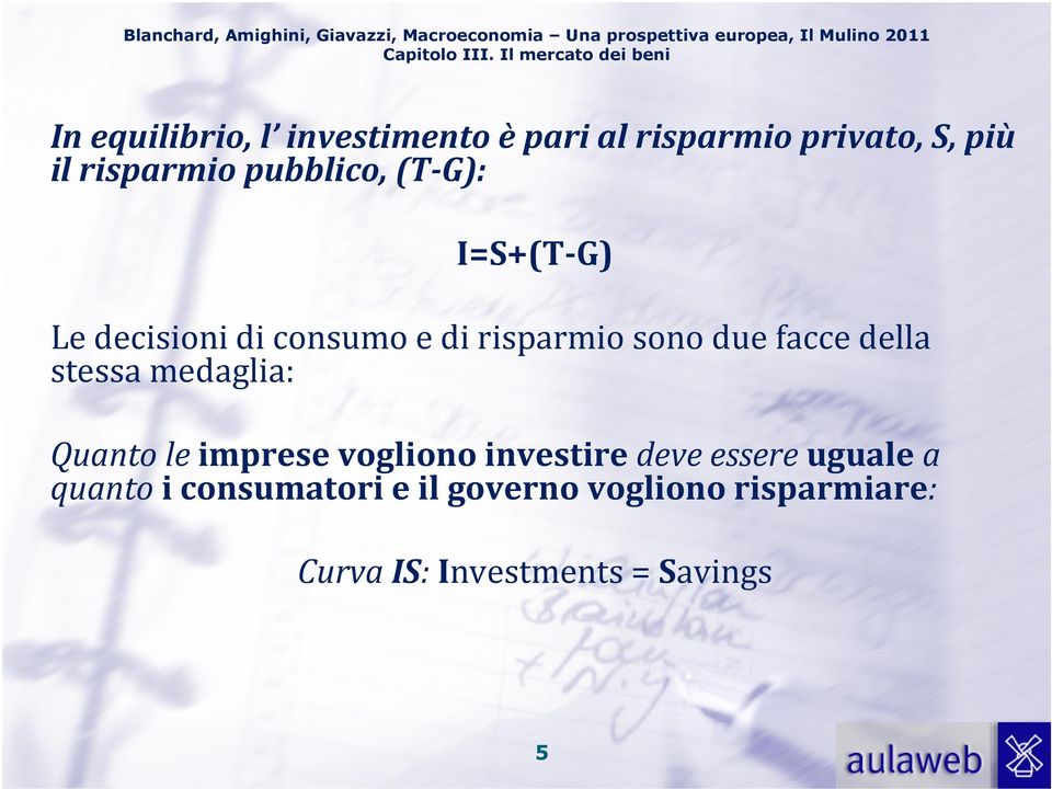 risparmio pubblico, (T-G): I=S+(T-G) Le decisioni di consumo e di risparmio sono due facce