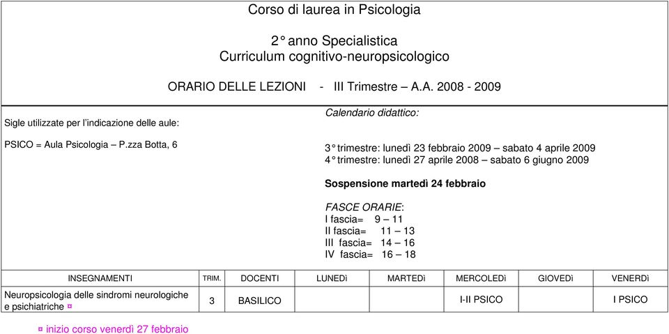 zza Botta, 6 3 trimestre: lunedì 23 febbraio 2009 sabato 4 apri le 2009 4 trimestre: lunedì 27 aprile 2008 sabato 6