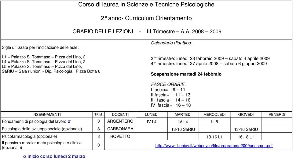 zza del Lino, 3 trimestre: lunedì 23 febbraio 2009 sabato 4 apri le 2009 4 trimestre: lunedì 27 aprile 2008 sabato 6 giugno 2009 I fascia= 9 11 II fascia= 11 13 III