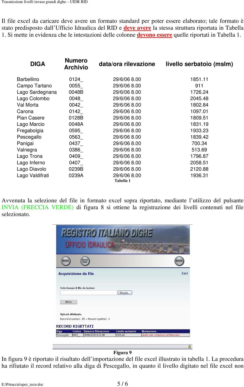 DIGA Numero Archivio data/ora rilevazione livello serbatoio (mslm) Barbellino 0124_ 29/6/06 8.00 1851.11 Campo Tartano 0055_ 29/6/06 8.00 911 Lago Sardegnana 0048B 29/6/06 8.00 1726.