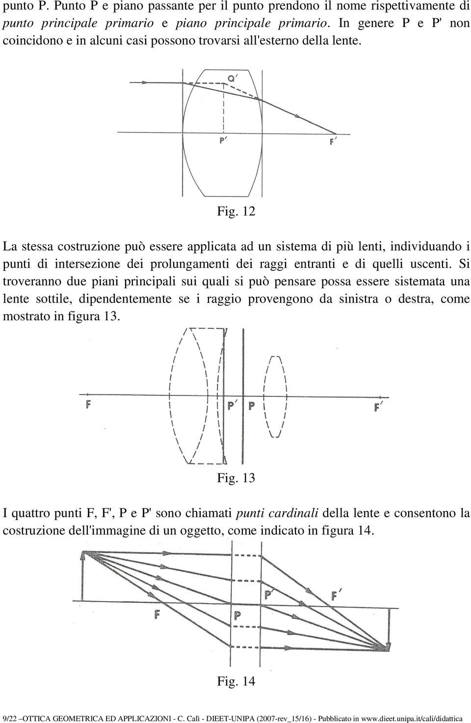 12 La stessa costruzione può essere applicata ad un sistema di più lenti, individuando i punti di intersezione dei prolungamenti dei raggi entranti e di quelli uscenti.