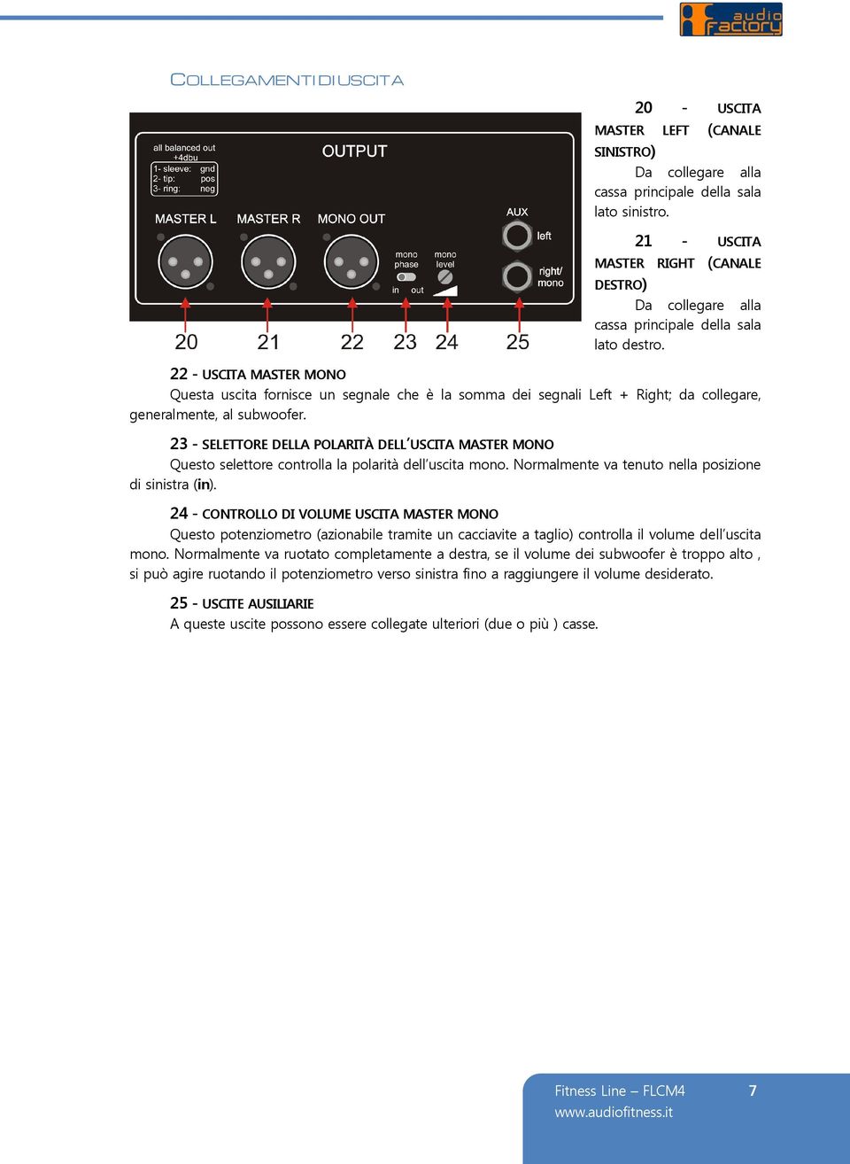 22 - USCITA MASTER MONO Questa uscita fornisce un segnale che è la somma dei segnali Left + Right; da collegare, generalmente, al subwoofer.