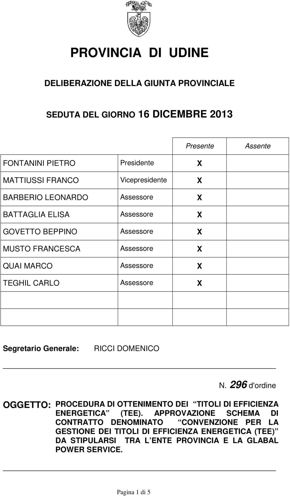 CARLO Assessore X Segretario Generale: RICCI DOMENICO N. 296 d'ordine OGGETTO: PROCEDURA DI OTTENIMENTO DEI TITOLI DI EFFICIENZA ENERGETICA (TEE).