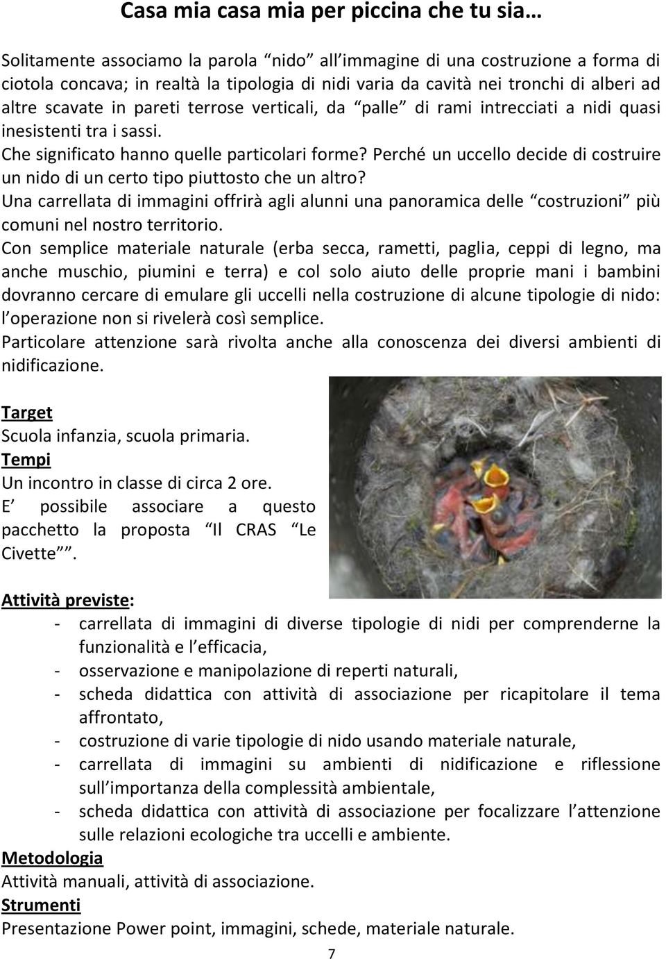 Perché un uccello decide di costruire un nido di un certo tipo piuttosto che un altro? Una carrellata di immagini offrirà agli alunni una panoramica delle costruzioni più comuni nel nostro territorio.