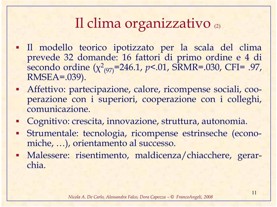 Affettivo: partecipazione, calore, ricompense sociali, cooperazione con i superiori, cooperazione con i colleghi, comunicazione.