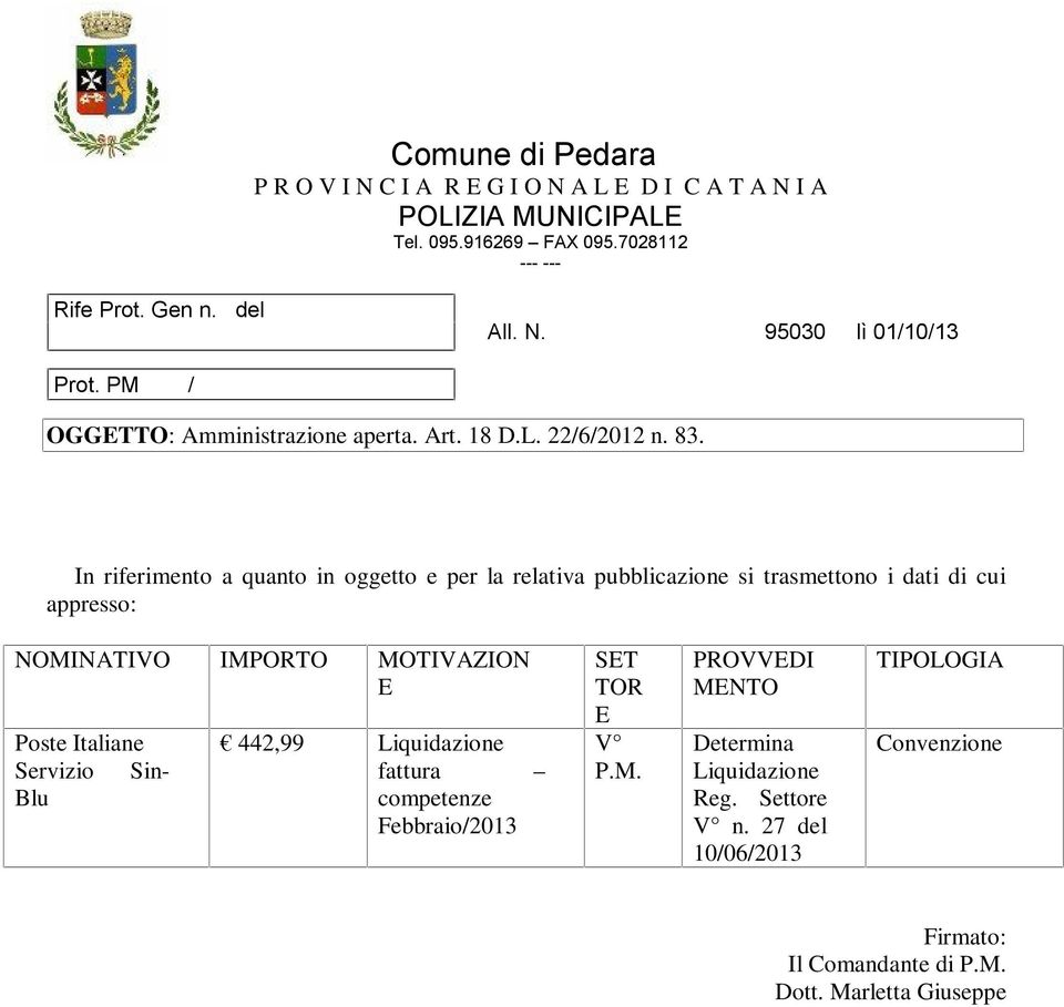83. 442,99 Liquidazione fattura Febbraio/2013 ST PROVVDI