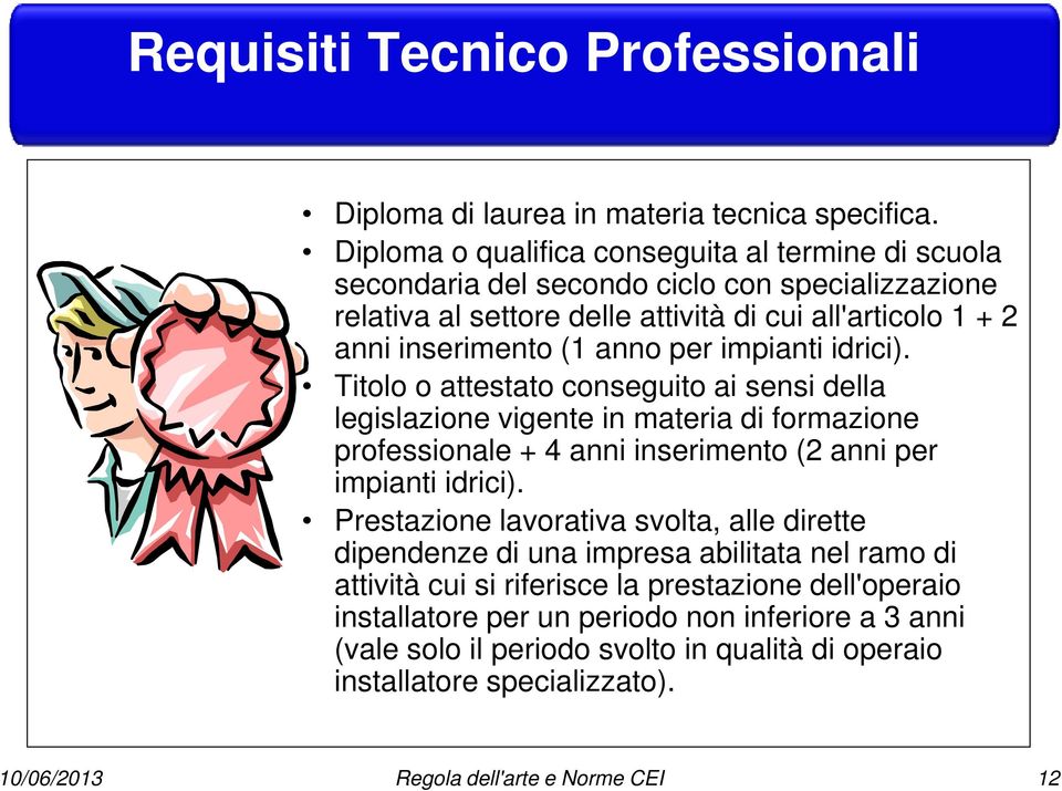 impianti idrici). Titolo o attestato conseguito ai sensi della legislazione vigente in materia di formazione professionale + 4 anni inserimento (2 anni per impianti idrici).